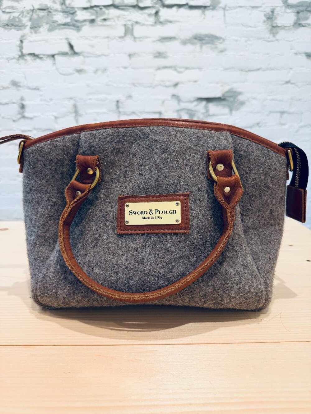 Sword & Plough Gray Wool & Brown Leather Handbag Made in USA